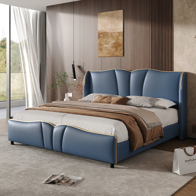 Modern King Size Upholstered Bed Frame with Wingback Headboard and Wavy Footboard, No Spring Box Needed, Antique Blue