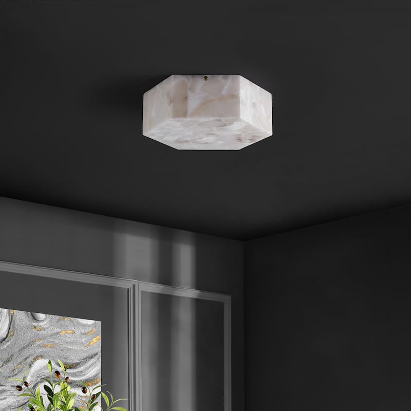 SAFAVIEH Iana 2 Light 14-inch Alabaster & Metal Semi-Flush Mount - 14"W x 14"D x 5"H