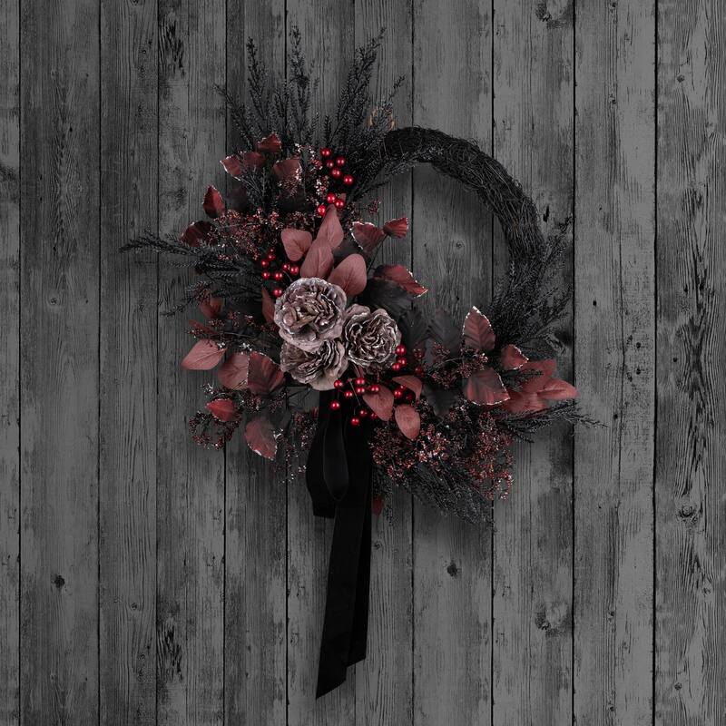 National Tree Company 24" Artificial Blood Red Eucalyptus Leaf Half Halloween Wreath - 2 ft