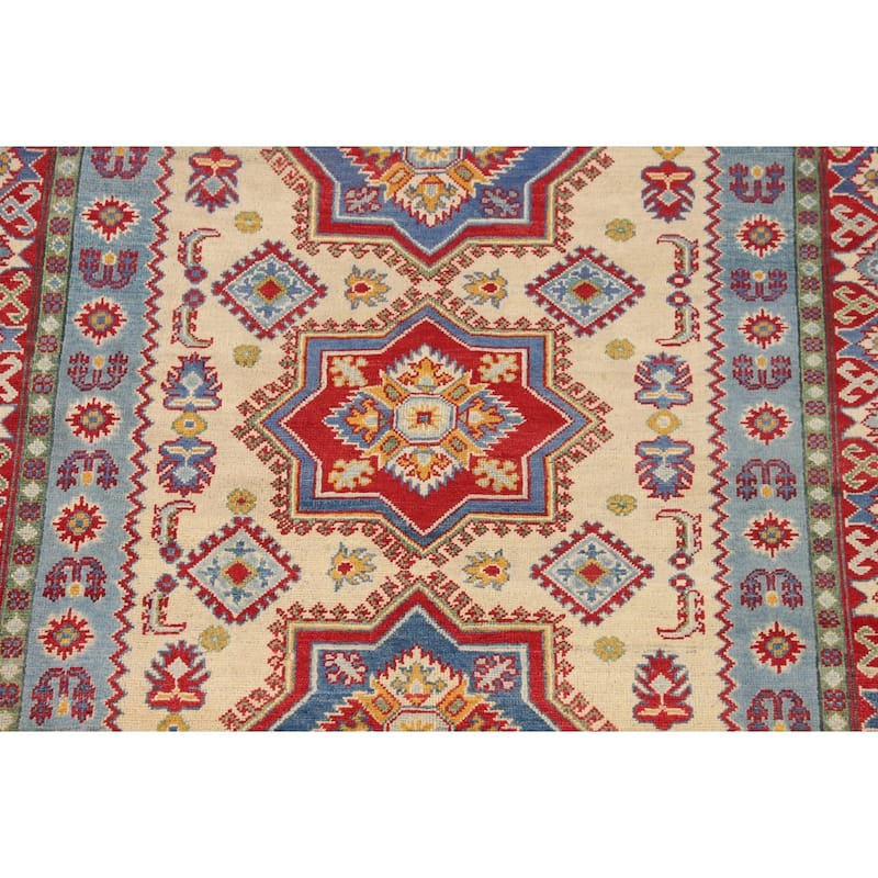 Geometric Kazak Oriental Area Rug Hand-Knotted Beige Wool Carpet - 4'11" x 6'4"