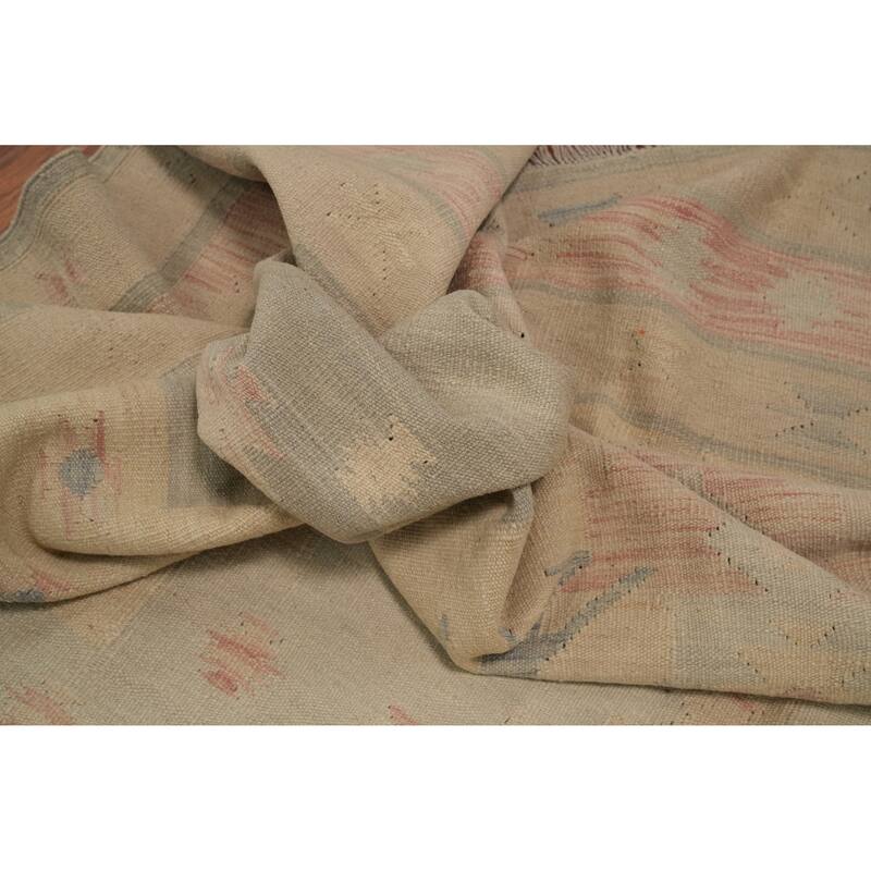 Hand Woven Oriental 100% Wool Carpet Southwestern Tribal Beige & Ivories Kilim Area Rug - 11' 10'' X 8' 9''