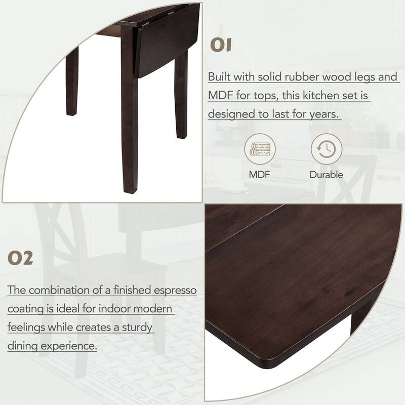 Espresso 3-Piece Breakfast Nook Dining Table Set with Drop Leaf Table & 2 Chairs