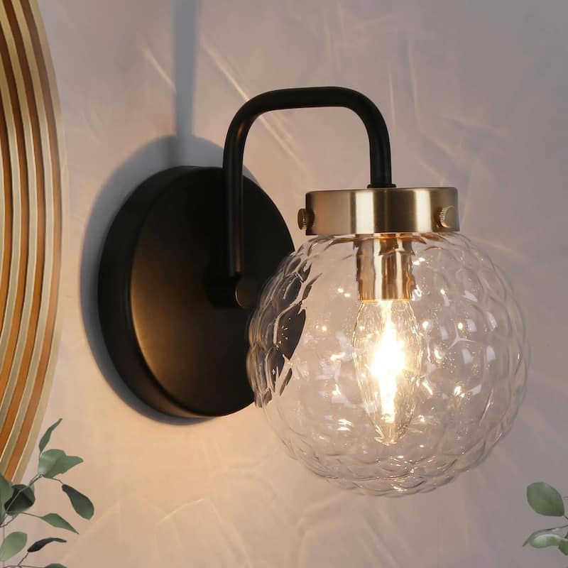 Modern Farmhouse Black Gold 1-Light Wall Sconces Globe Bathroom Vanity Lights - Light fixture: W 5" x D 8" x H 7.5"