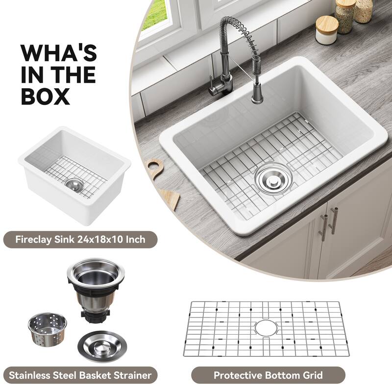 HOROW CozyStream 24 in. Undermount/Drop-In Single Bowl White Fireclay Kitchen Sink with Bottom Grid and Strainer
