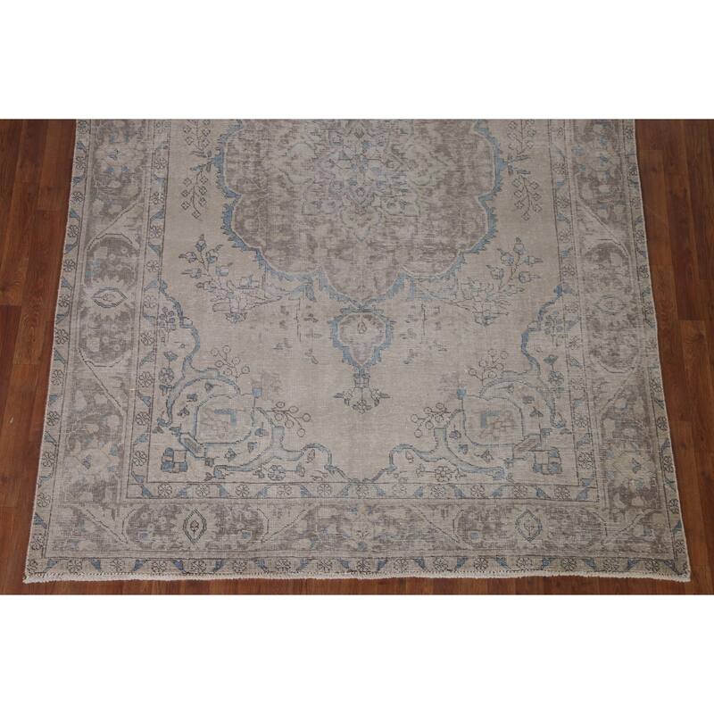 Beige Distressed Tabriz Persian Antique Area Rug Handmade Wool Carpet - 6'5" x 9'4"