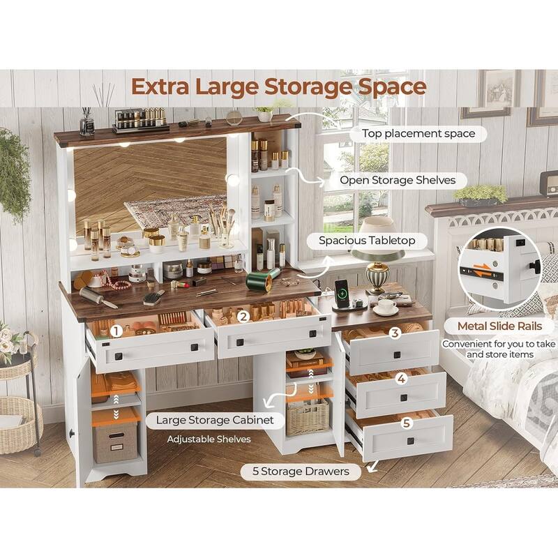 Farmhouse Vanity Desk with Lights & Power Strip Drawers Cabinets