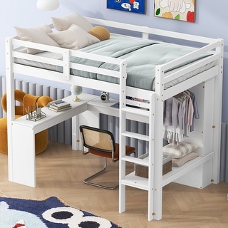 Twin Loft Bed with L-shaped Desk, Wardrobe, and Storage Shelves, White