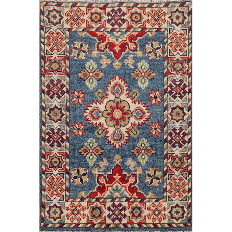 Hand Knotted Oriental 100% Wool Carpet Traditional Geometric Navy Blue & Blues Kazak Area Rug - 2' 11'' X 1' 11''