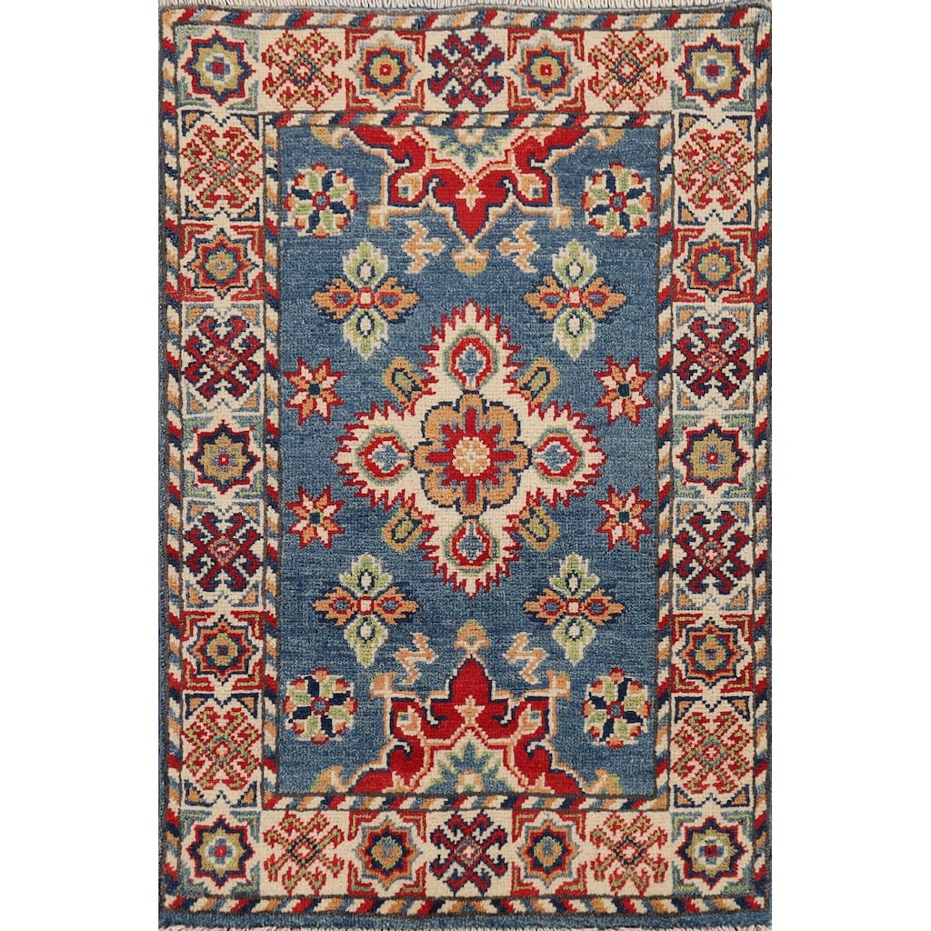Hand Knotted Oriental 100% Wool Carpet Traditional Geometric Navy Blue & Blues Kazak Area Rug - 2' 11'' X 1' 11''