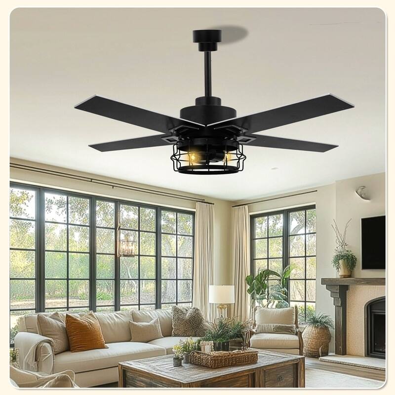 52 Inch Ceiling Fans with Lights and Remote, Reversible Airflow, Noiseless for Bedroom, Living Room, Indoor/Outdoor Use - Matte black