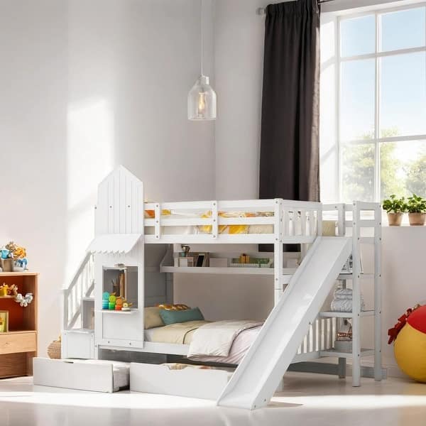 slide 2 of 12, Twin-Over-Twin Bunk Bed with 2 Drawers, Castle Style Bed with 3 Storage Shelves, Storage Bed with Slide, White Modern White