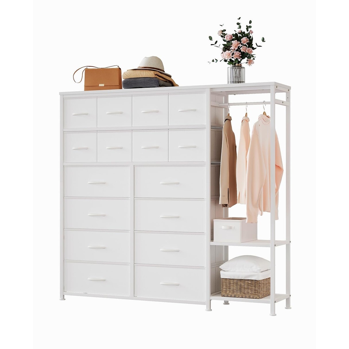 16 Drawer Dresser with Hanging Rod, Freestanding Closet Organizer System, 59" Wide Clothes Storage Rack with 2 Tier Shelves
