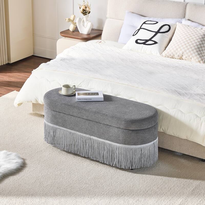 Multi-Functional Storage Ottoman with Fringe Trim and Hidden Storage Compartment