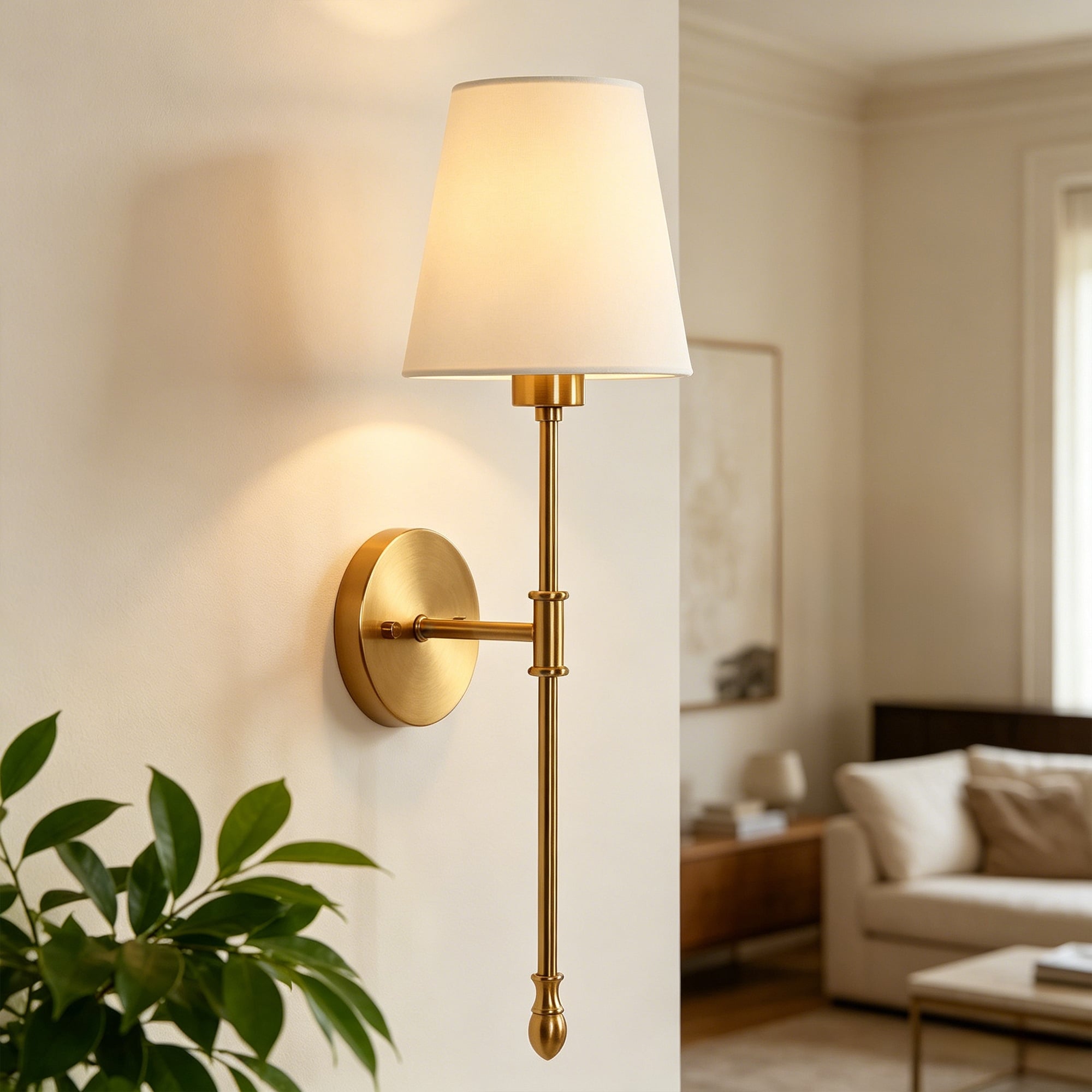 Aria Modern Brass Gold 1-Light Wall Sconce with Soft Fabric Shade