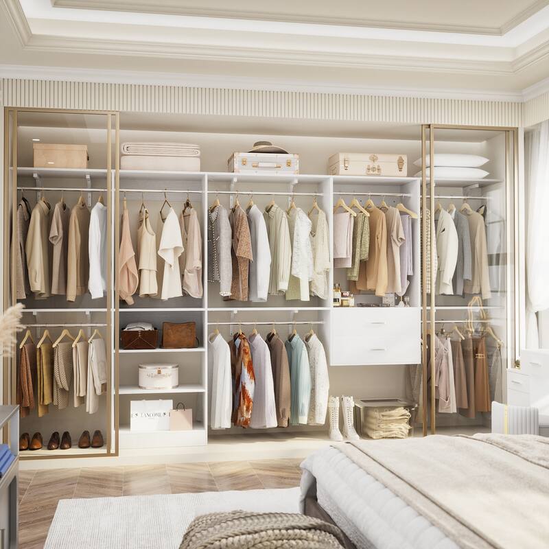 Closet System with 2 Sets, 154'' Walk-in Closet Organizer System with 2 Drawers & 8 Hanging Rods & 6 Reversible Shelf Towers