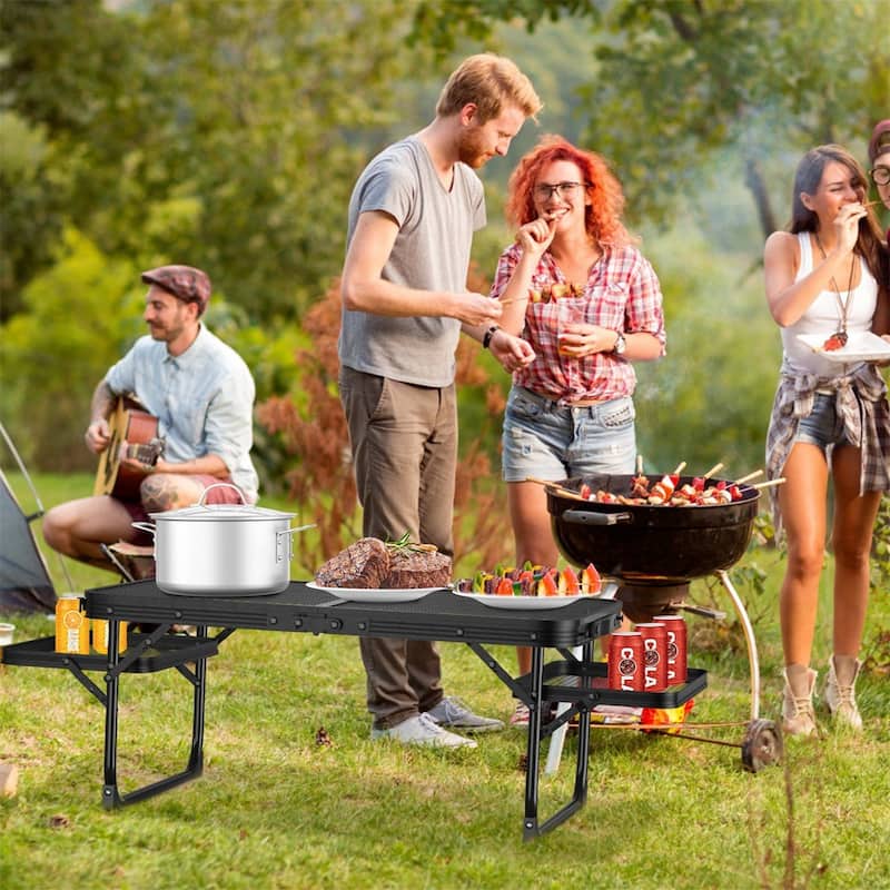 Foldable Collapsible Picnic Aluminum Alloy Grill Stand w/ 2 Side Trays