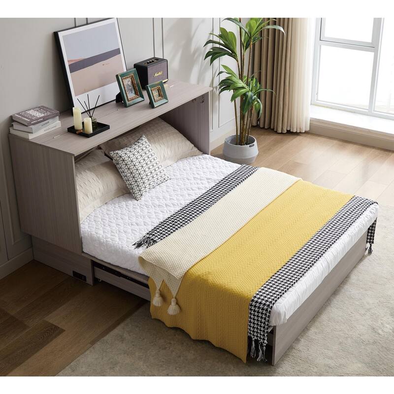 Queen Cabinet Bed with Storage, Folding Mattress, USB Ports, Space-Saving Design, Gray