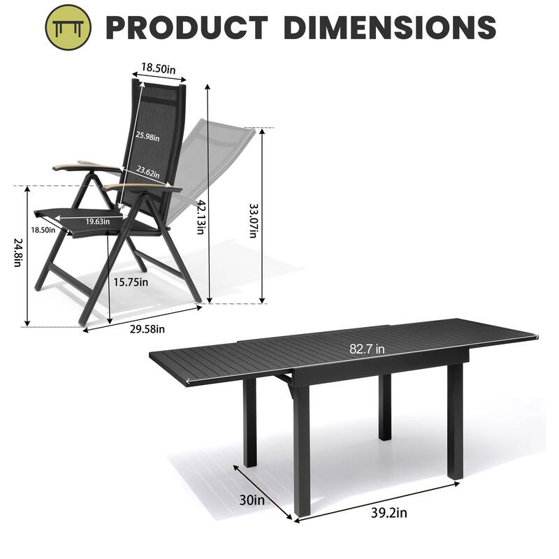 5/7/9/11-Piece Outdoor Patio Dining Set Aluminum Extendable Rectangular Dining Table with Adjustable Back Folding Chairs