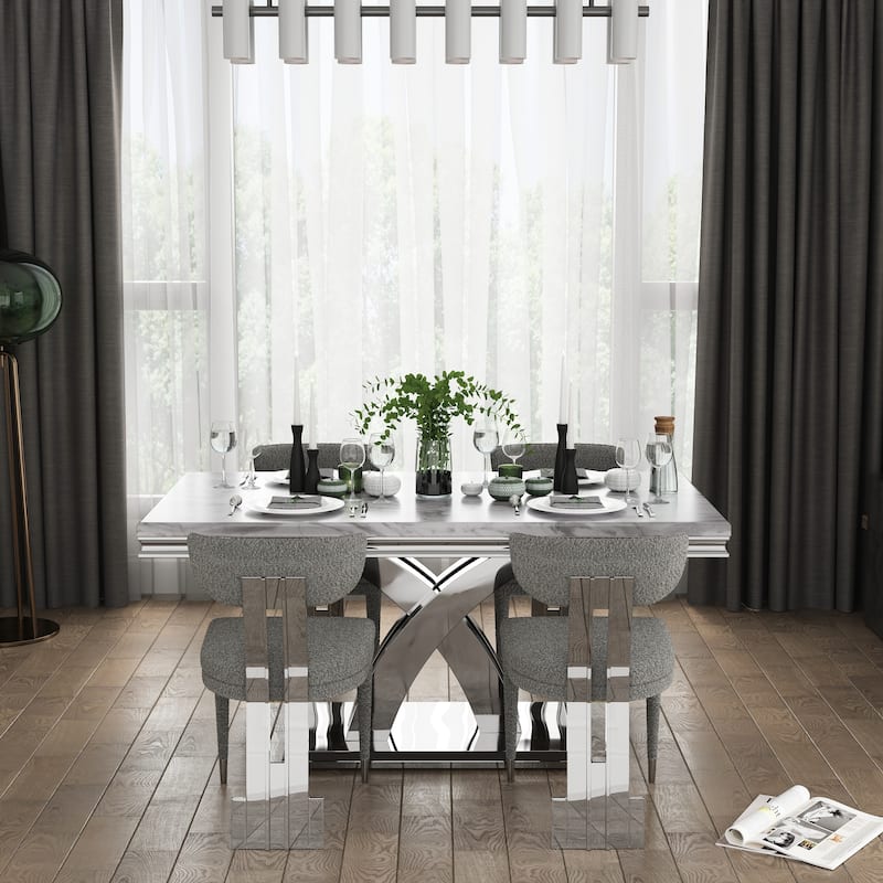 Glam Silver Dining Table Set with 64 inch Dining Table and Black Button Tufted Velvet Dining Chairs