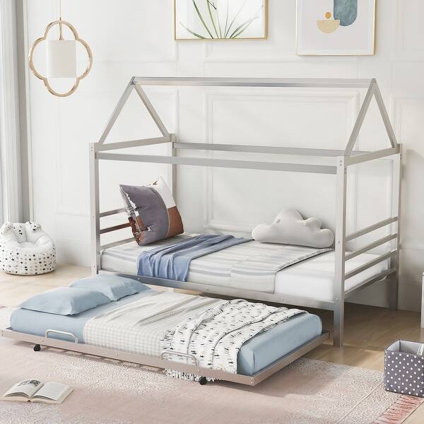 slide 2 of 12, Twin Size Metal House-Shaped Platform Bed with Trundle, Stylish Design and Extra Guest Sleeping Space, Silver Silver