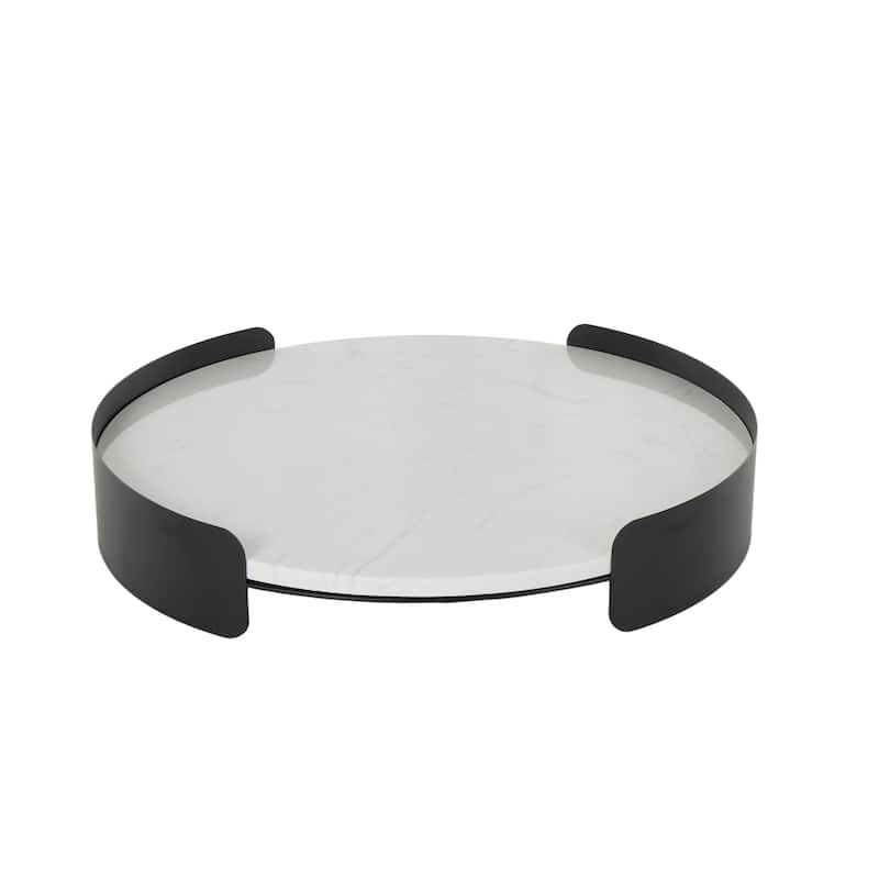 Marble Round Tray with Black Metal Frame - White - Roche River Decor