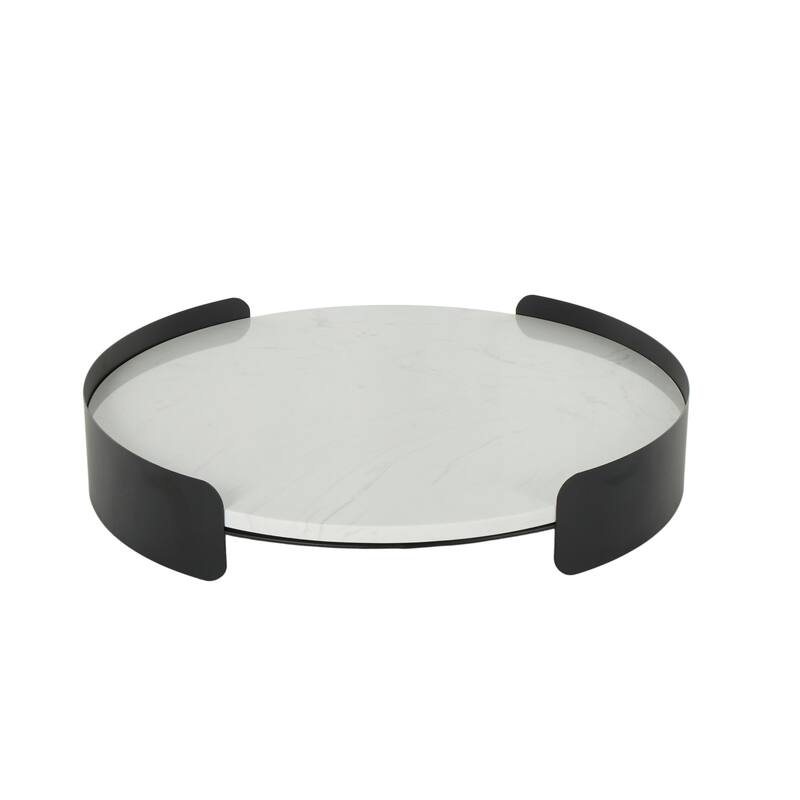 White Marble Round Living Room Decor Tray with Black Metal Frame