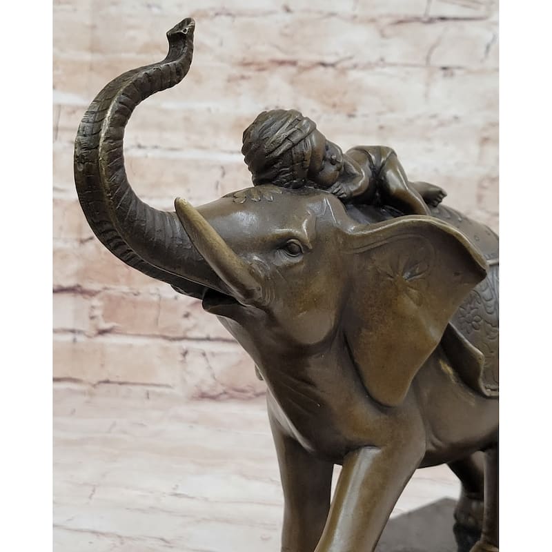 Boy Child Sleeping On Indian Imitative Elephant Bronze Statue Sculpture Decor On Marble Base