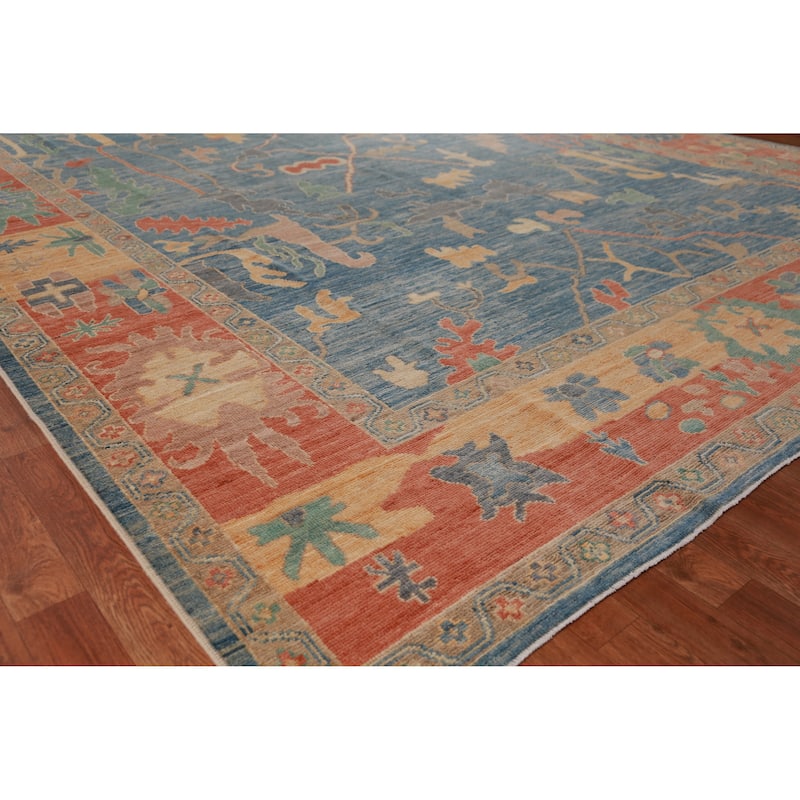 Vegetable Dye Blue Oushak Turkish Area Rug Hand-Knotted Wool Carpet - 9'3" x 12'3" - 9'3" x 12'3" - Blue