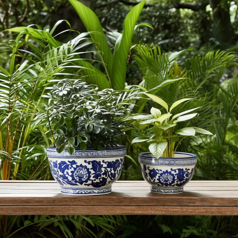 Decorative Stoneware Planters with Timeless Garden Design (Set of 2)
