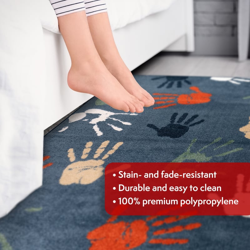 Orian Rugs Playroom Handprints Blue Stain Resistant Kids Area Rug