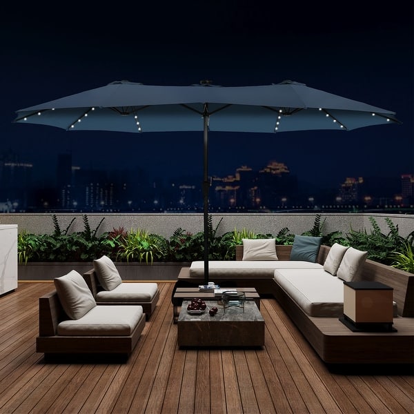 15ft patio market umbrella with base and solar light Double-Sided 48 LED Lights & Crank Handle, Extra Large Outdoor Umbrella for Poolside, Deck, Backyard Tan Transform your outdoor area with this stunning 15ft Double 15ft Extra Large Outdoor Patio
