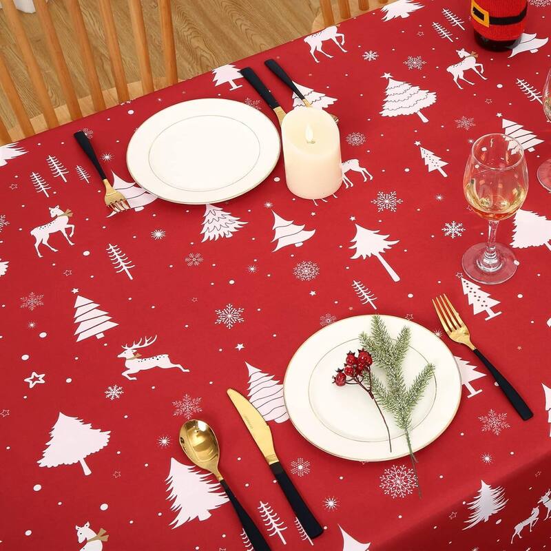 Christmas Rectangular Tablecloth Waterproof Holiday Xmas Decor, Red