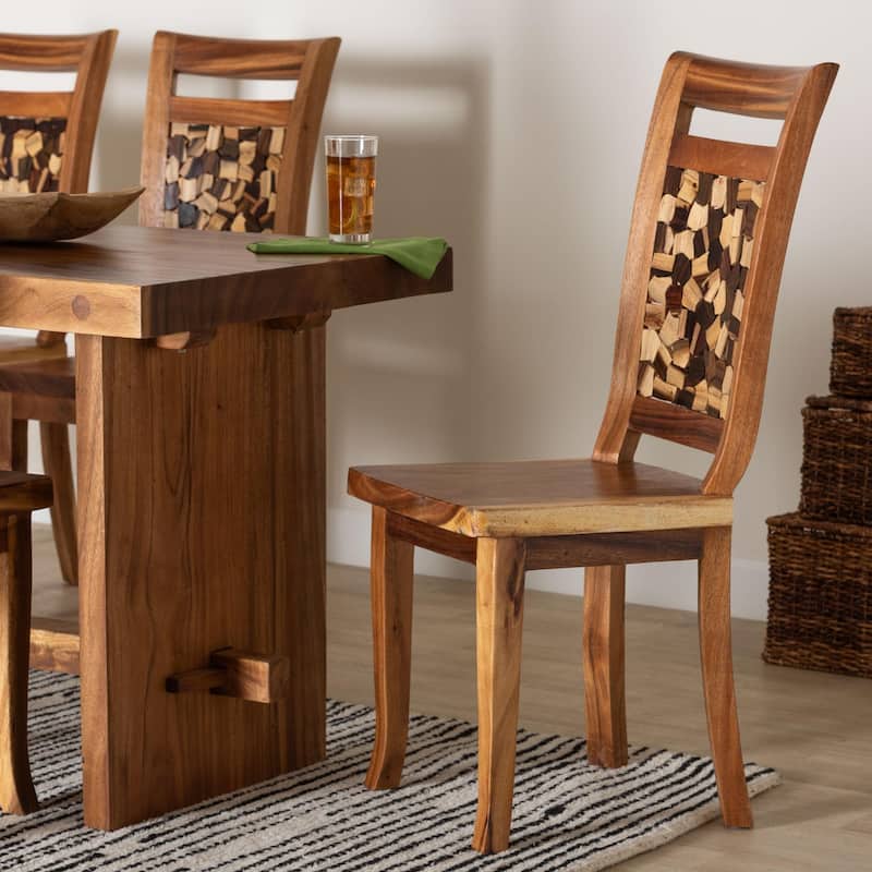 Luan Suar Wood Dining Chair - Handcrafted Solid Wood Seat with Mosaic Backrest Inlay, Rustic Modern Accent Chair