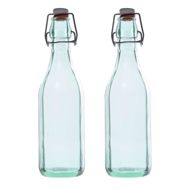 Amici Home Set of 2 Italian Recycled Green Faceted Hermetic Bottles