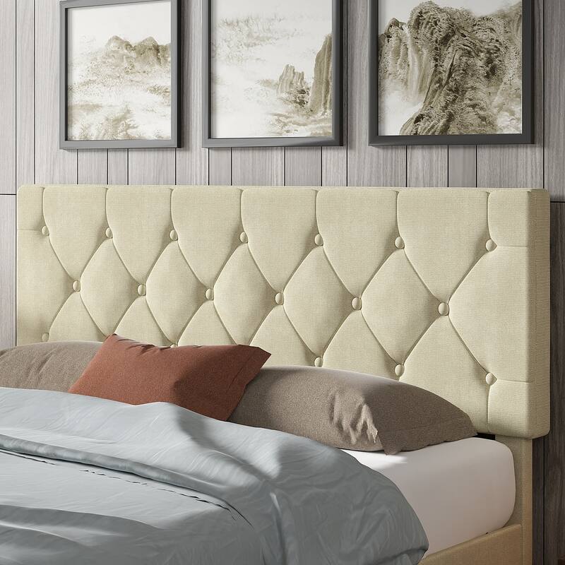 Upholstered Bed Frame, Button Tufted Platform Bed with Linen Headboard, No Box Spring Needed