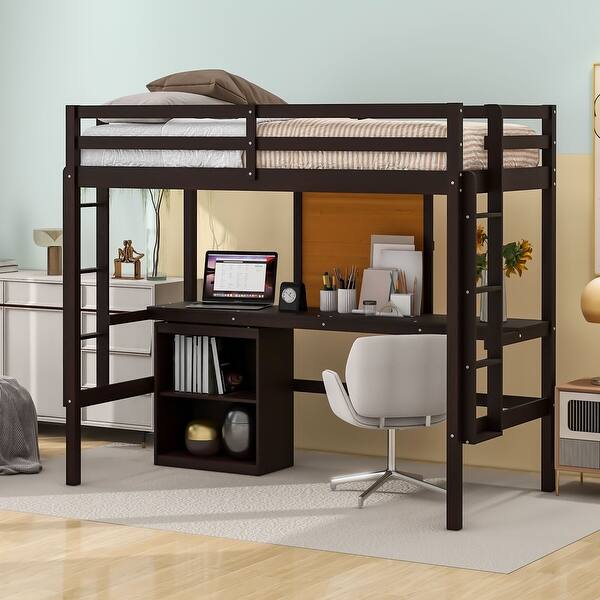slide 2 of 9, Twin Size Wooden Loft Bed with Desk, Writing Board & 2-Drawer Cabinet Espresso