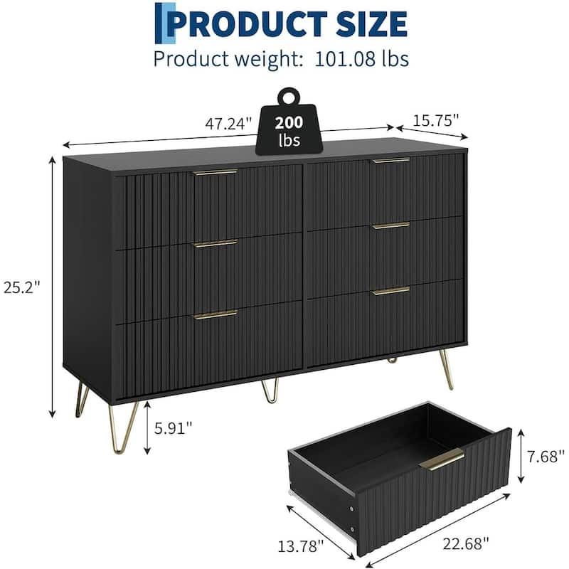 47" Wide Modern Fluted Dresser for Bedroom with 6 Drawers