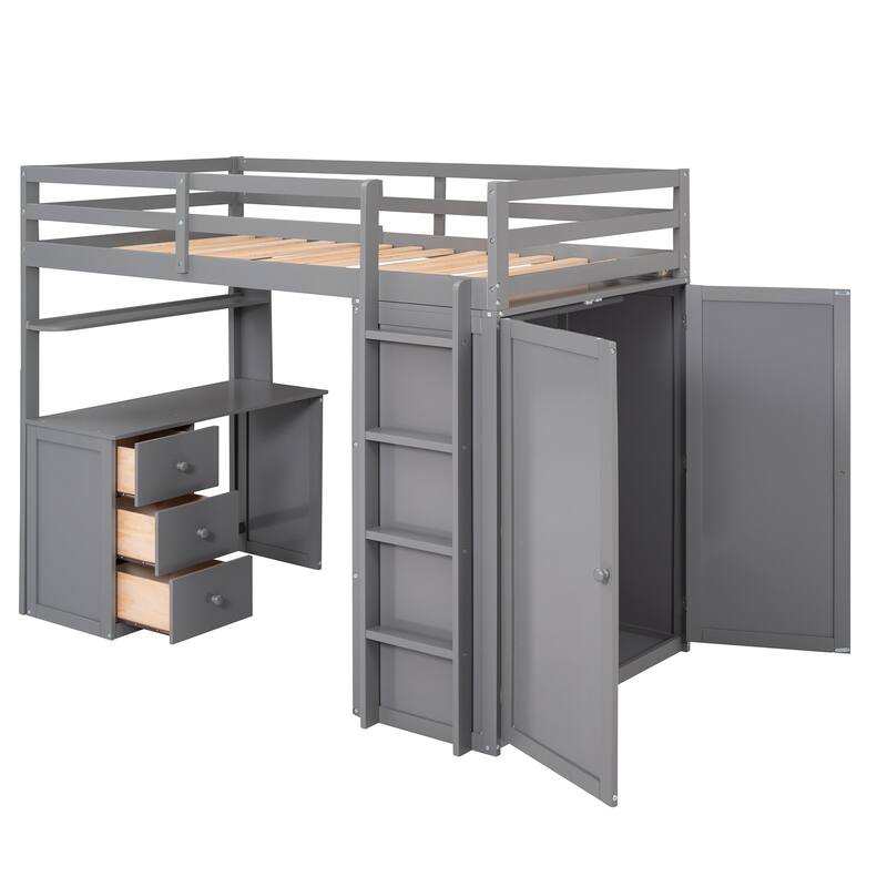 Multi-functional Pine Loft Bed with Desk, Wardrobe, Drawers, Shelves