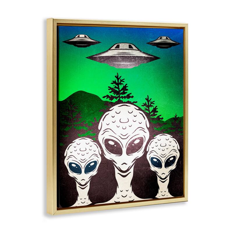 Stupell Vintage Aliens & UFO Framed Floater Canvas Wall Art Design By Kim Allen