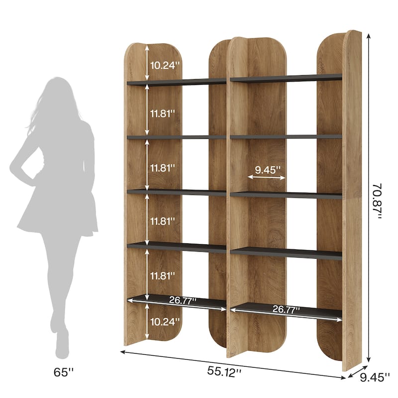 70.87" 5-Tier Double Wide Bookshelf, Open Shelves Tall Floor Standing Bookcase Storage Accent Shelf