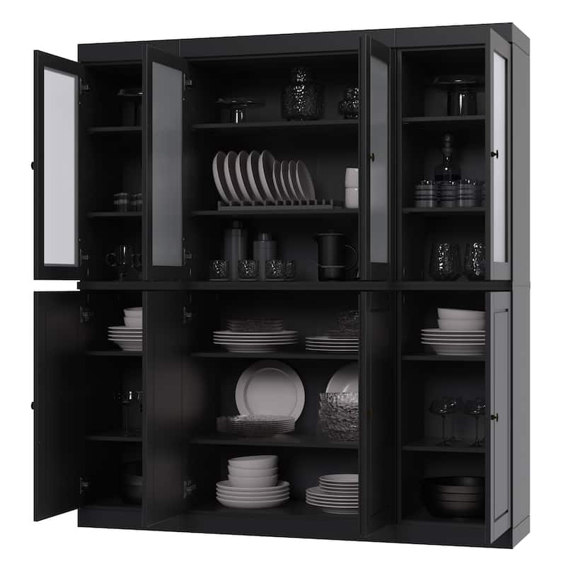 100% Solid Wood 65" Pantry China Cabinet with Solid, Frosted Glass Doors and Adjustable Shelves