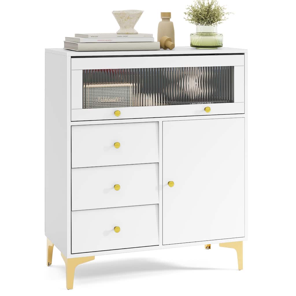 Gymax 37.5'' Tall Dresser Chest of Drawers w/ Flip-up Fluted Glass