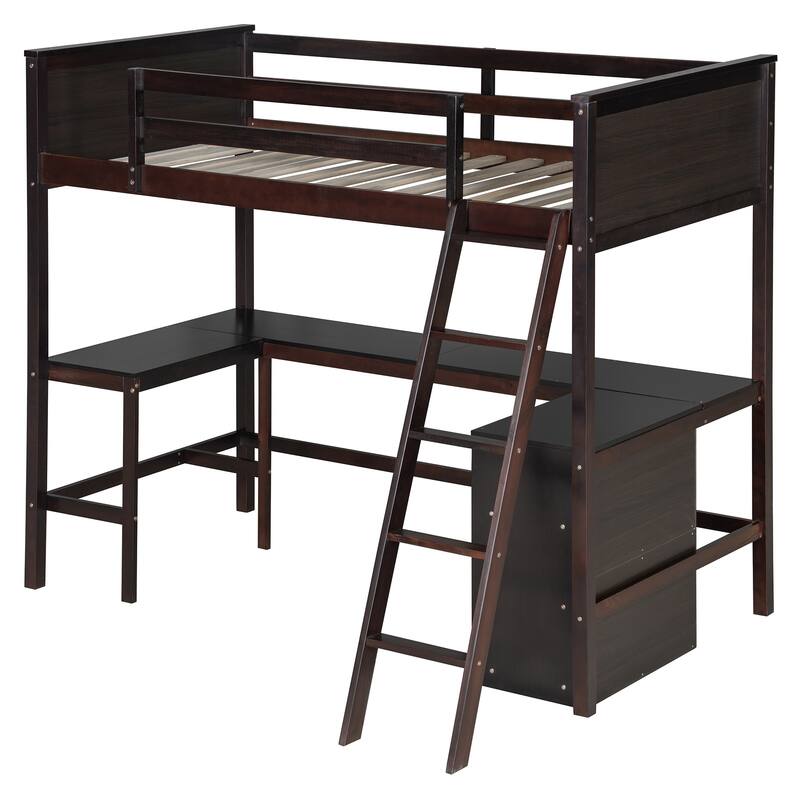 Twin Size Loft Bed With Shelves And Desk, Wooden Loft Bed With Desk - Espresso