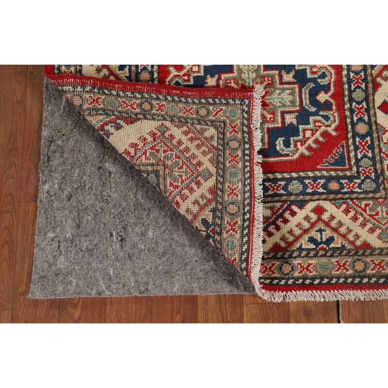Red Geometric Kazak Oriental Runner Rug Hand-Knotted Foyer Wool Carpet - 2'9" x 10'9"