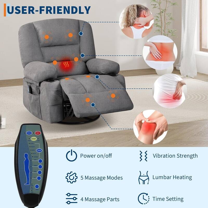 360° Swivel Massage and Heating Rocker Recliner Chairs for Living Room, Bedroom