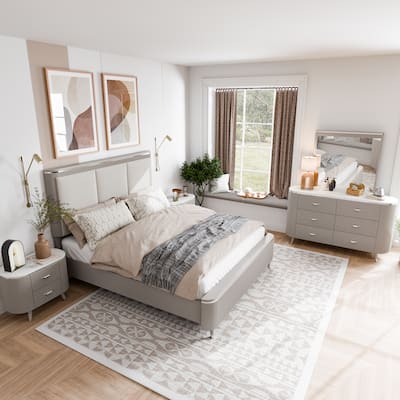 Furniture of America Seraphine Modern 5-Piece Light Grey Panel Bedroom Set with Fluted Headboard