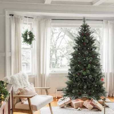 7ft Pre-Lit LED Artificial Full Spruce Christmas Tree with Red Holly Berries