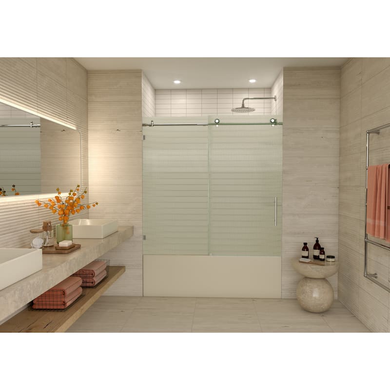 Galaxy 60 in. x 60 in. Fully Frameless Fluted Glass Sliding Bathtub Doors - Righthand