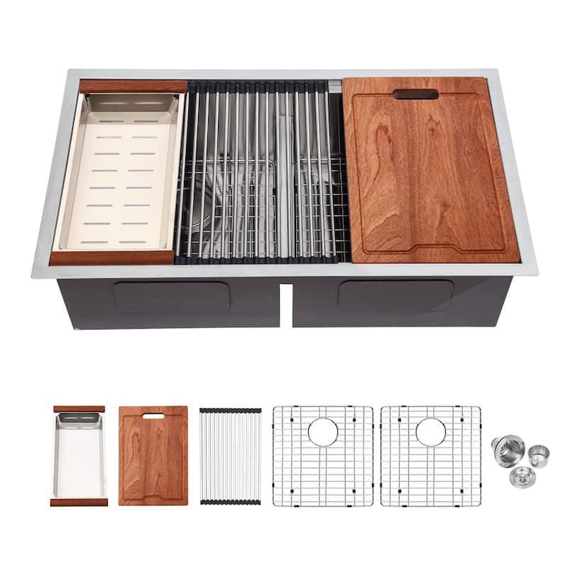 30-inch Undermount Kitchen Sink Low Divide Double Bowl 50/50 Prep Workstation Sink 16 Gauge Stainless Steel Kitchen Sink Basin