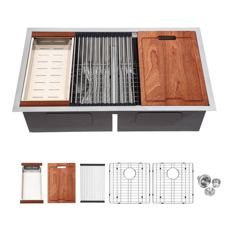 33-inch Undermount Kitchen Sink Low Divide Double Bowl 50/50 Prep Workstation Sink 16 Gauge Stainless Steel Kitchen Sink Basin